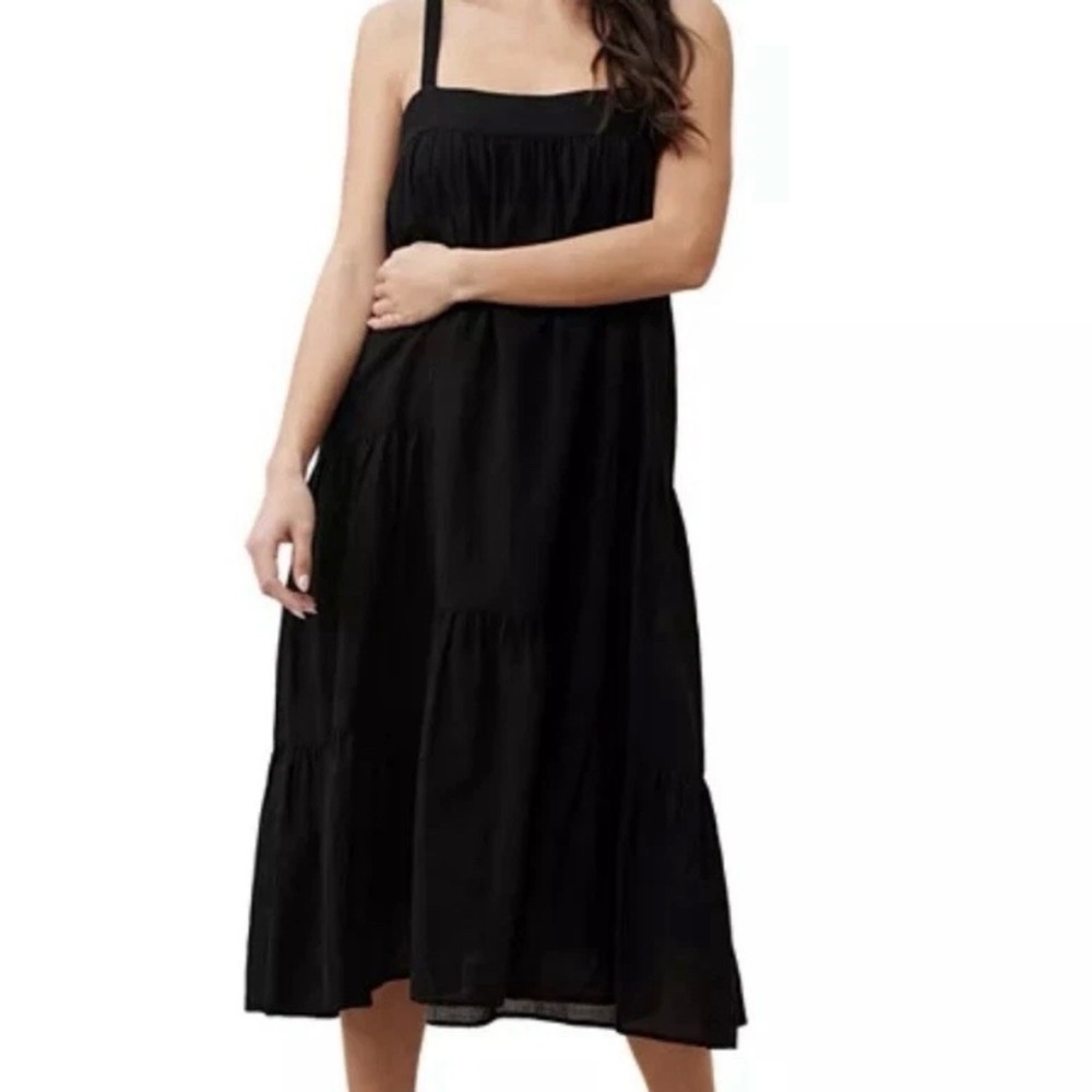 Jenni Kayne Black Tiered Midi Dress Linen Cotton summer dress size L flowy